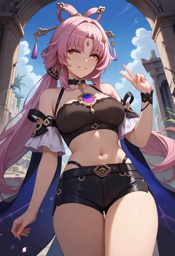 star rail,fu xuan,leather,shorts,crop top  - AI generated anime art